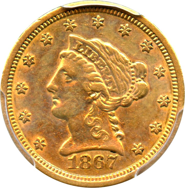 image for: 1867-S $2 1/2 PCGS AU50