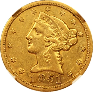 image for: 1851-O $5 NGC/CAC AU50