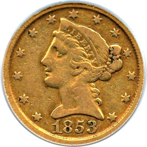 image for: 1853-D $5 PCGS F15