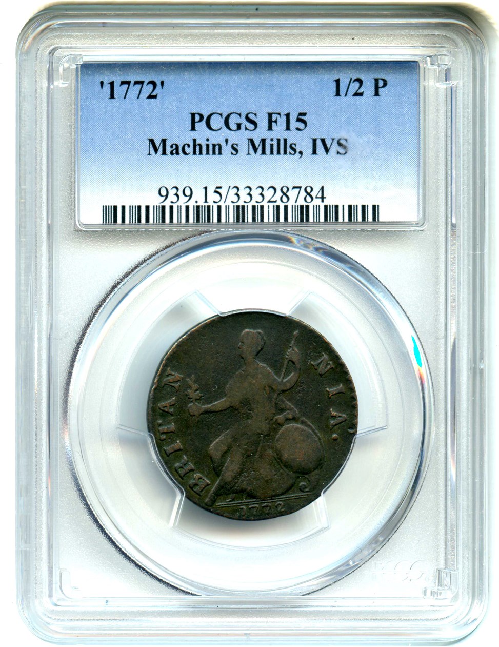 image for: 1772 Machin's Mills Halfpenny PCGS F15 BN (IVS)