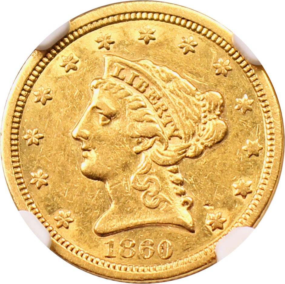 image for: 1860 $2 1/2 NGC AU53 (New Reverse)