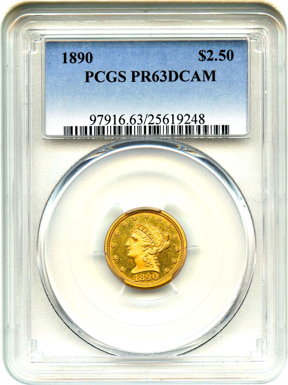 image for: 1890 $2 1/2 PCGS Proof 63 DCAM