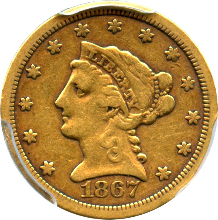 image for: 1867-S $2 1/2 PCGS/CAC VF25