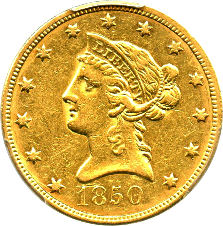 image for: 1850 $10 PCGS/CAC AU55 (Large Date)