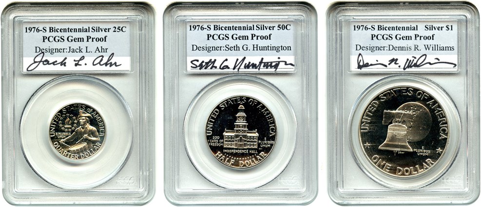 image for: 1976-S Silver Bicentennial Set PCGS Gem Proof (3-Piece, Designer Autographed) - No Reserve!