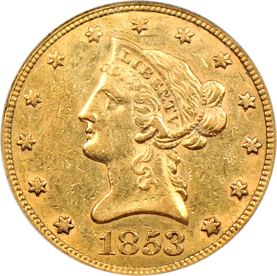 image for: 1853 $10 PCGS/CAC AU50 (OGH)