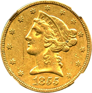 image for: 1855 $5 NGC AU50