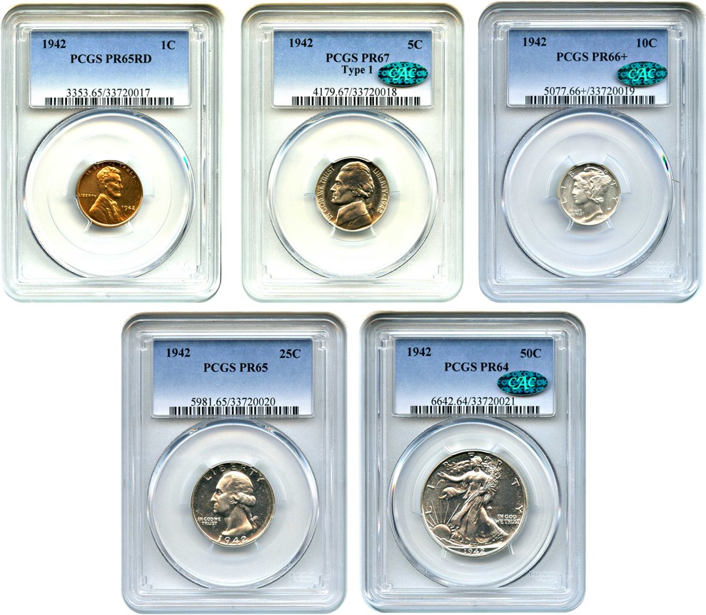 image for: 1942 Proof Set 1c-50c: All PCGS/CAC Proof 64-67