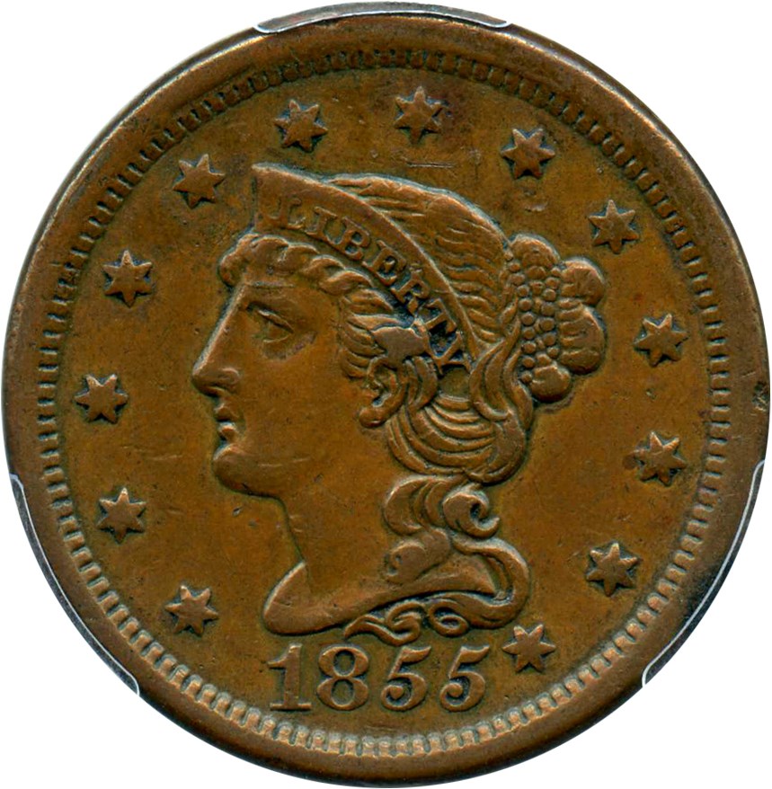 image for: 1855 1c PCGS AU50 BN (Knob Ear)