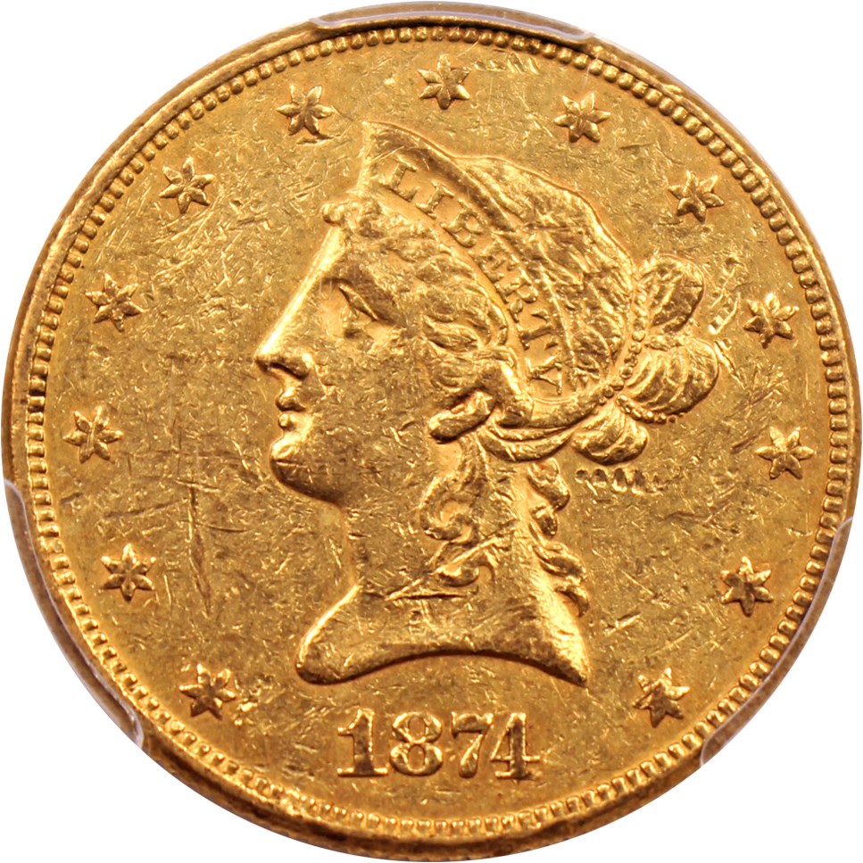 image for: 1874 $10 PCGS AU58