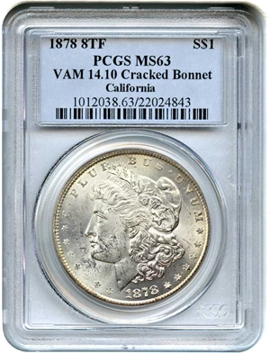 image for: 1878 8TF $1 PCGS MS63 (VAM-14.10, Cracked Bonnet)