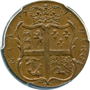 image for: 1773 Virginia Halfpenny PCGS MS64 BN (With Period)