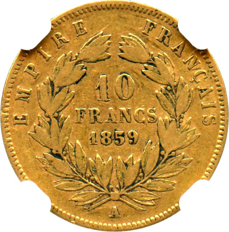 image for: France: 1859-A Gold 10 Francs NGC F15 (KM-784.3)