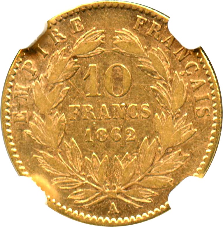 image for: France: 1862-A Gold 10 Francs NGC VF30 (KM-800.1)