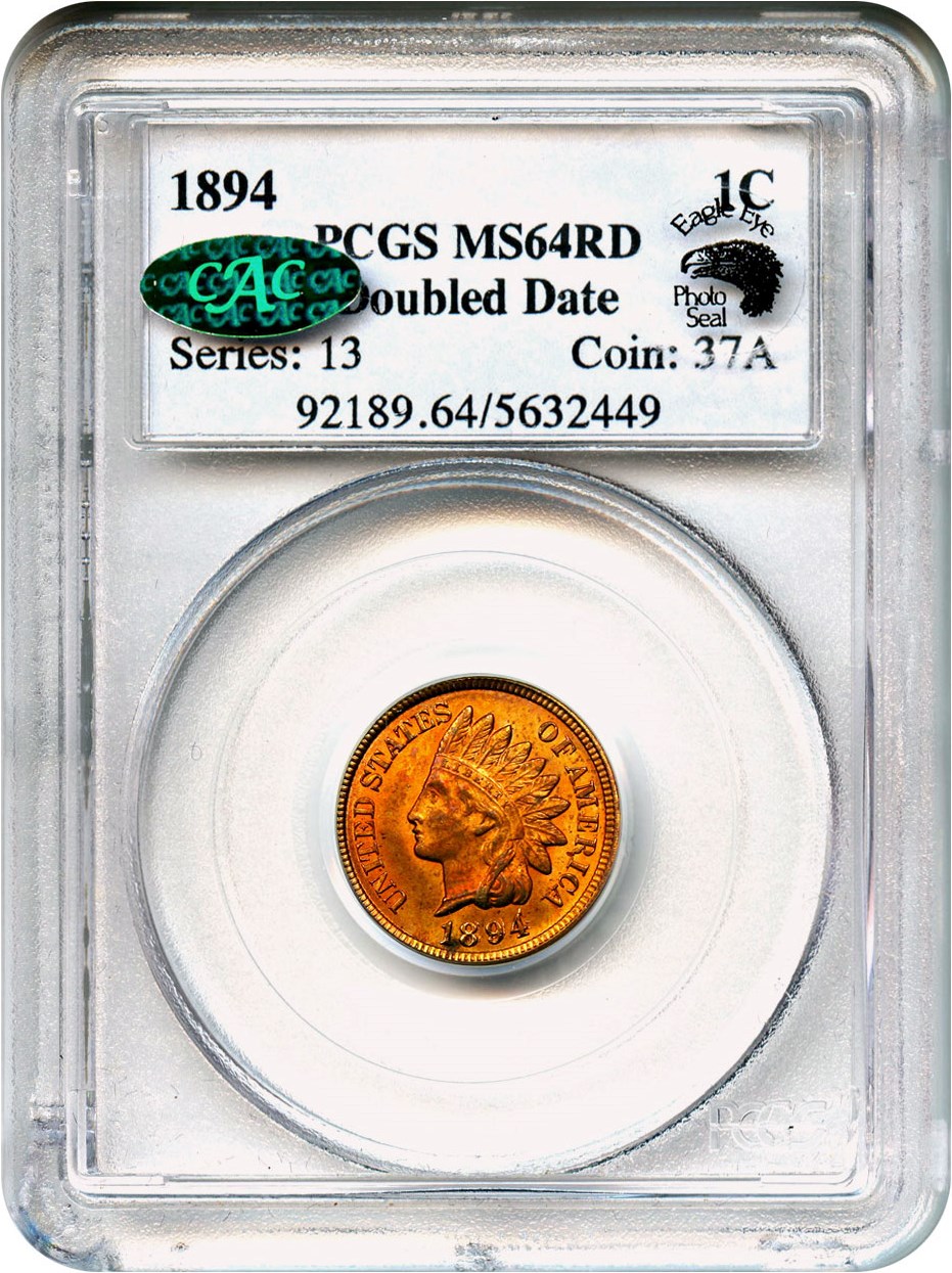 image for: 1894/1894 1c PCGS/CAC MS64 RD (Doubled Date)
