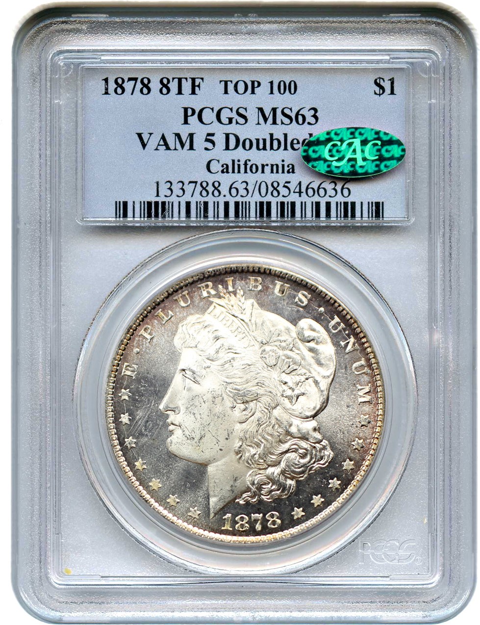 image for: 1878 8TF $1 PCGS/CAC MS63 (VAM-5, Doubled RIB)