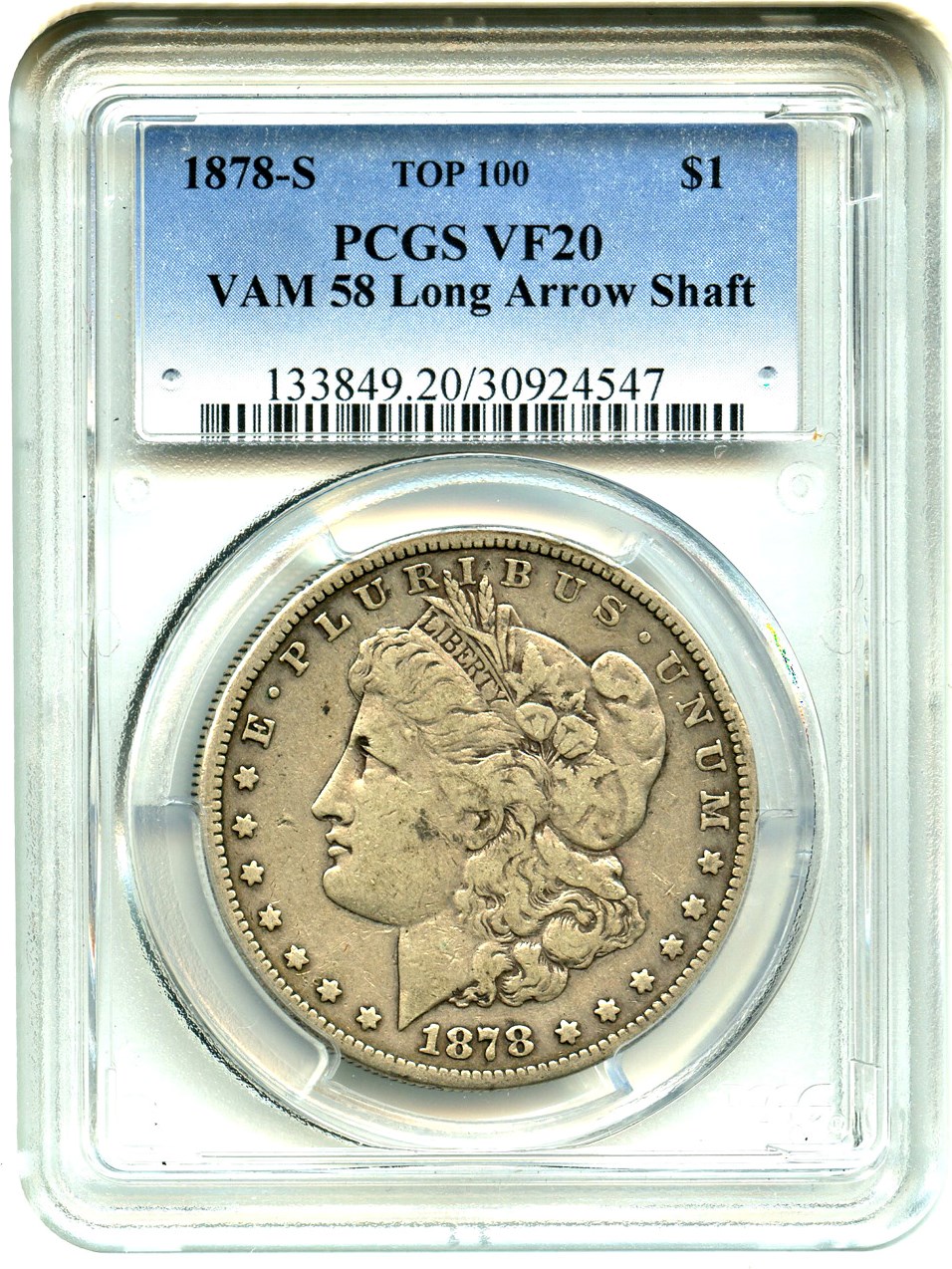 image for: 1878-S $1 PCGS VF20 (VAM-58, Long Arrow Shaft)