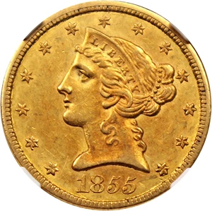 image for: 1855 $5 NGC AU55
