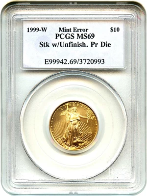 image for: 1999-W $10 Gold Eagle Unfinished Proof Dies PCGS MS69