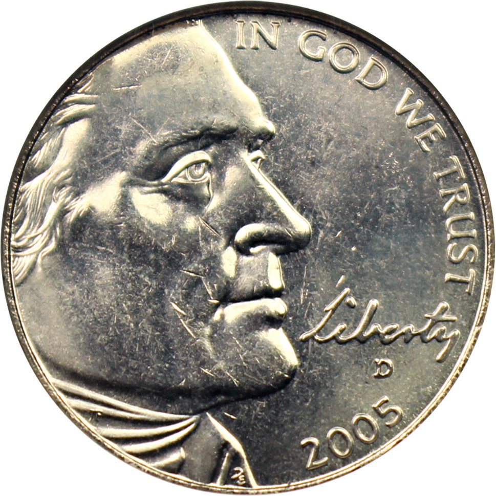 image for: 2005-D Bison 5c NGC MS64 (Reverse Die Gouge, Mint Error)