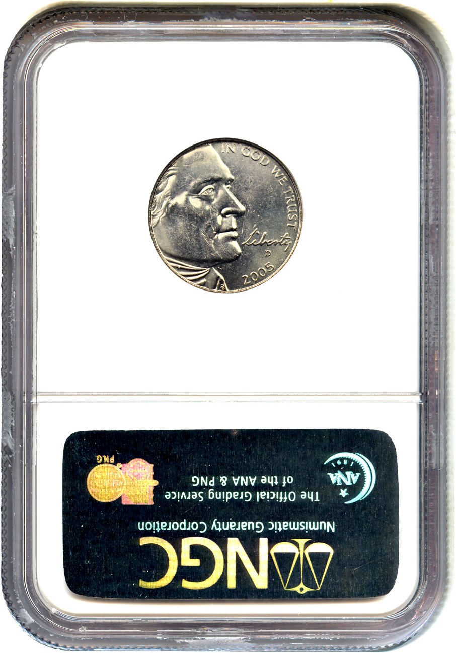 image for: 2005-D Bison 5c NGC MS64 (Reverse Die Gouge, Mint Error)