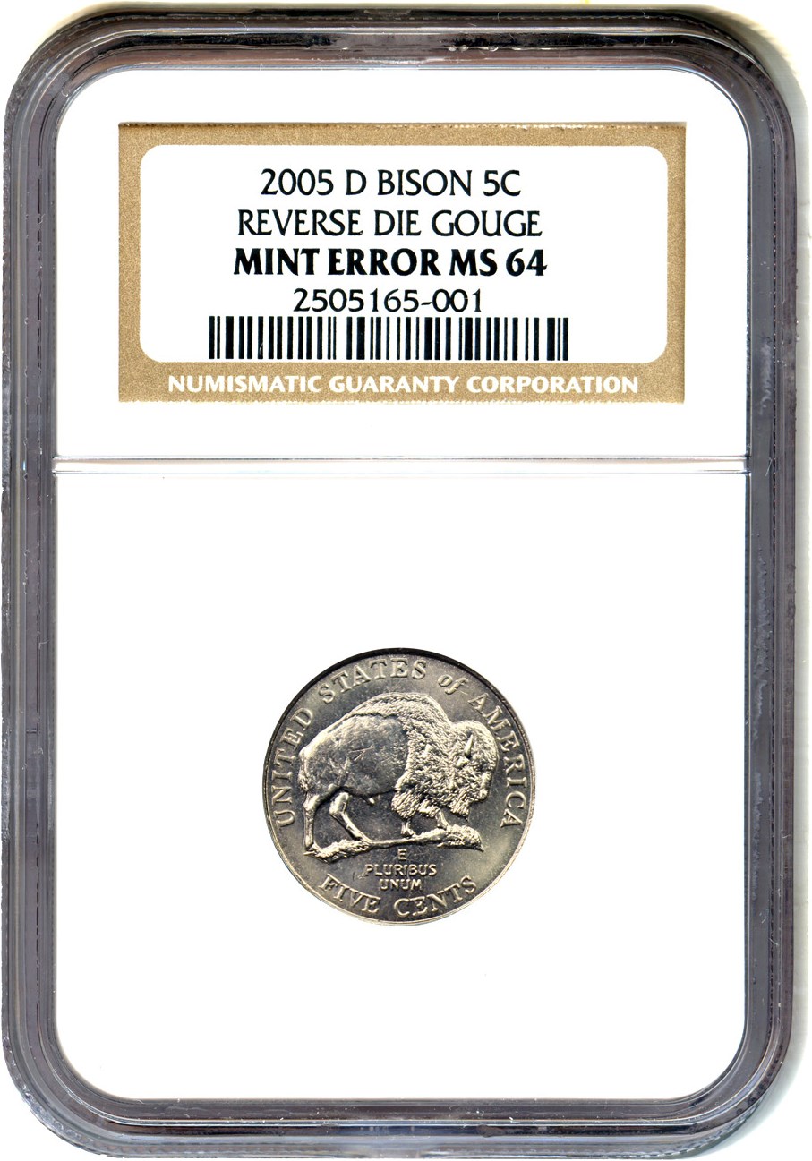 image for: 2005-D Bison 5c NGC MS64 (Reverse Die Gouge, Mint Error)