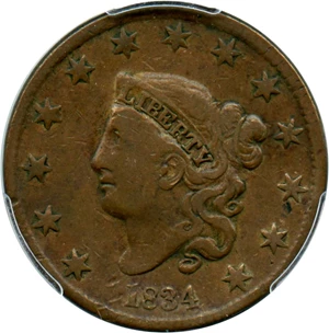 image for: 1834 1c PCGS F12 BN (Small 8, Large Stars, Medium Letters)
