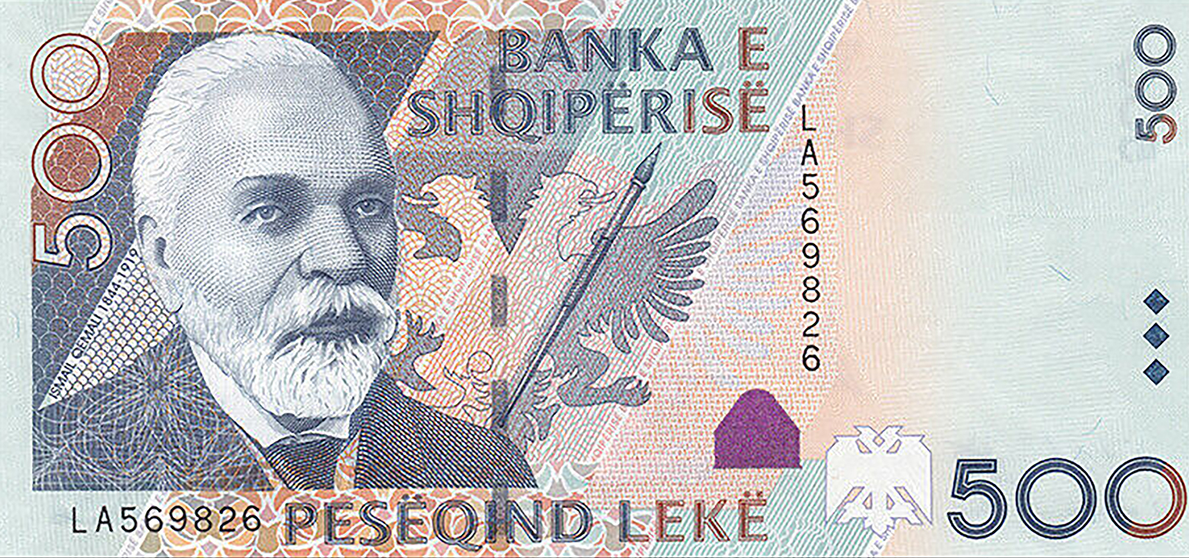  2015 Sig 8: Sejko/Lalollari 2-mm wide windowed security thread with demetalized 500 Umlauts added to SHQIPËRISË (Albania) and PESËQIND LEKË (five hundred lek) Prefix KA - LA Intro: 10 11 2017 