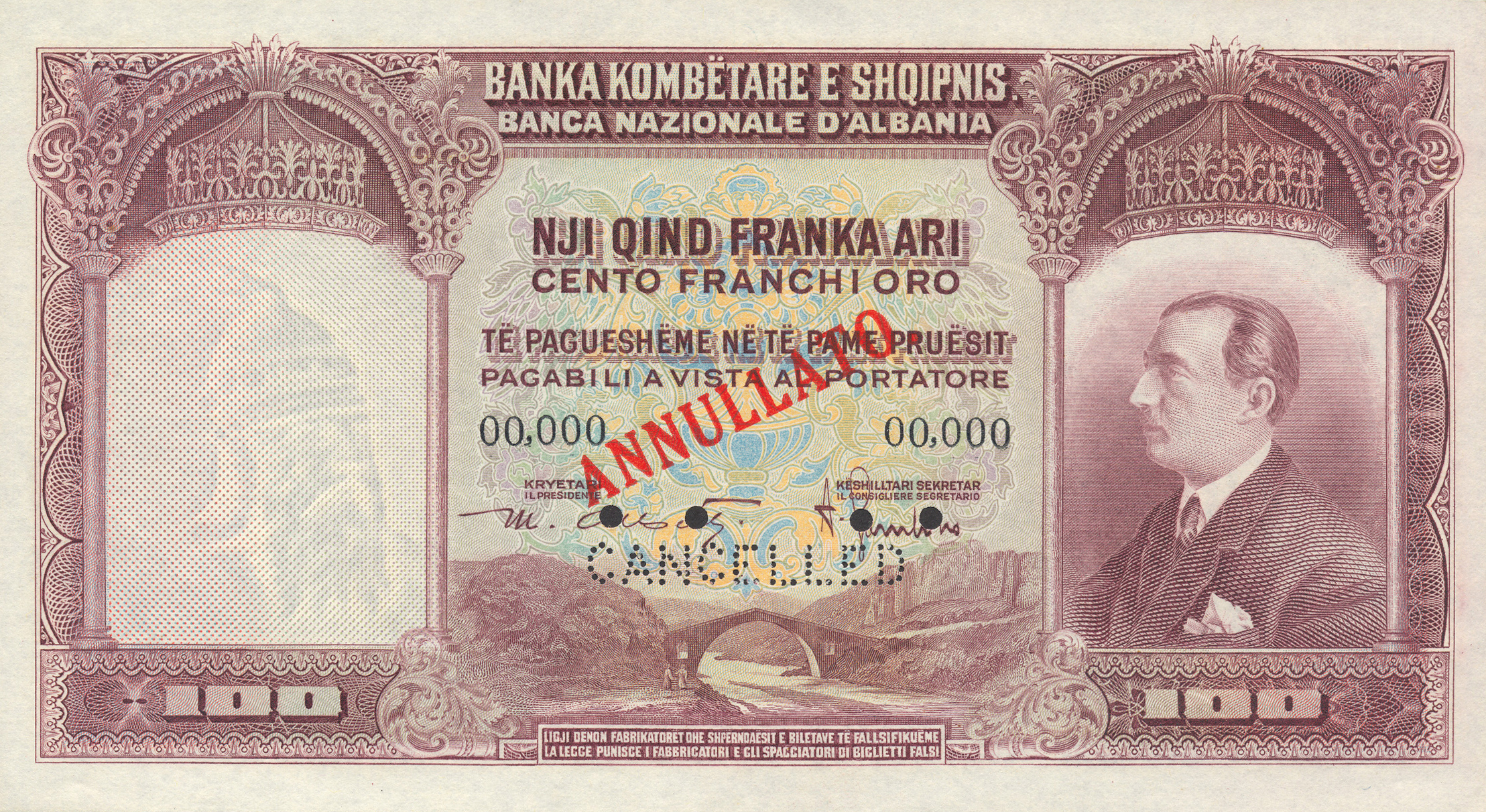  Diagonal red ANNULLATO ovpt front; horizontal CANCELLED perf; all-zero s/n 