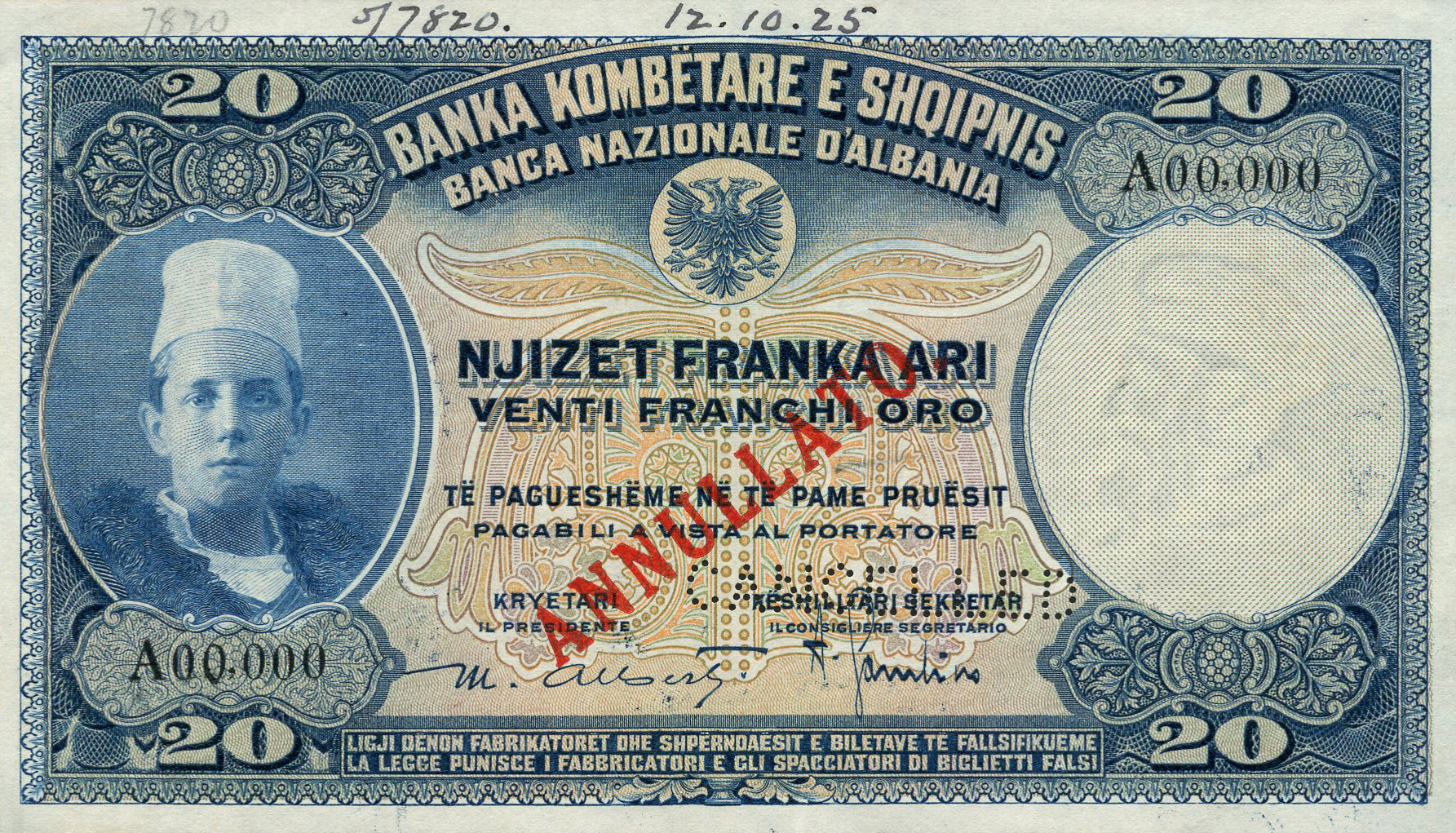  Diagonal red ANNULLATO ovpt front; horizontal CANCELLED perf; all-zero s/n 