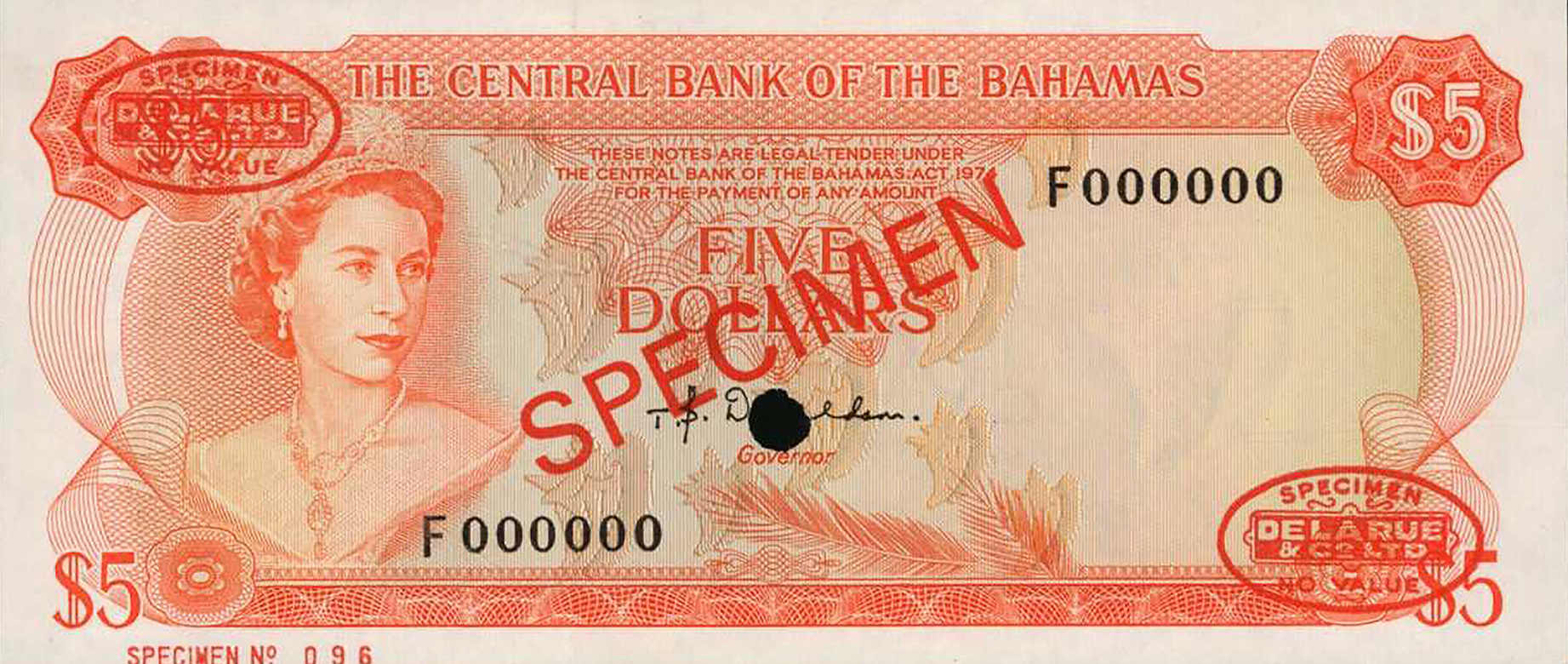  Diagonal red SPECIMEN and DLR oval ovpts front/back; horizontal red SPECIMEN NO # ovpt lower left front; all-zero s/n 