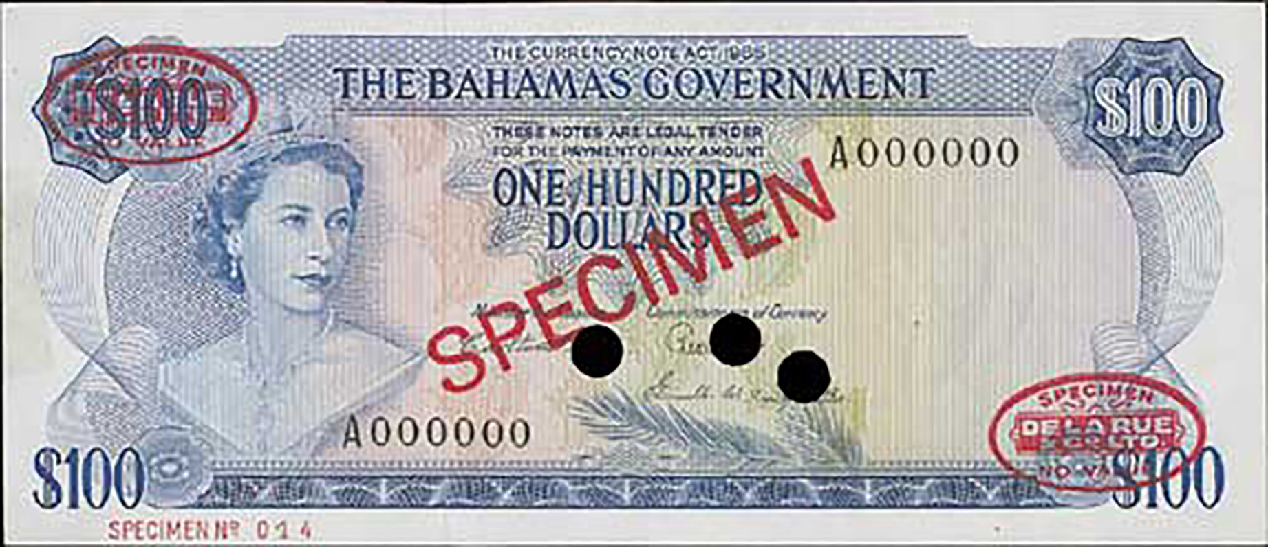  Diagonal red SPECIMEN and DLR oval ovpts front/back; horizontal red SPECIMEN NO # ovpt lower left front; all-zero s/n 