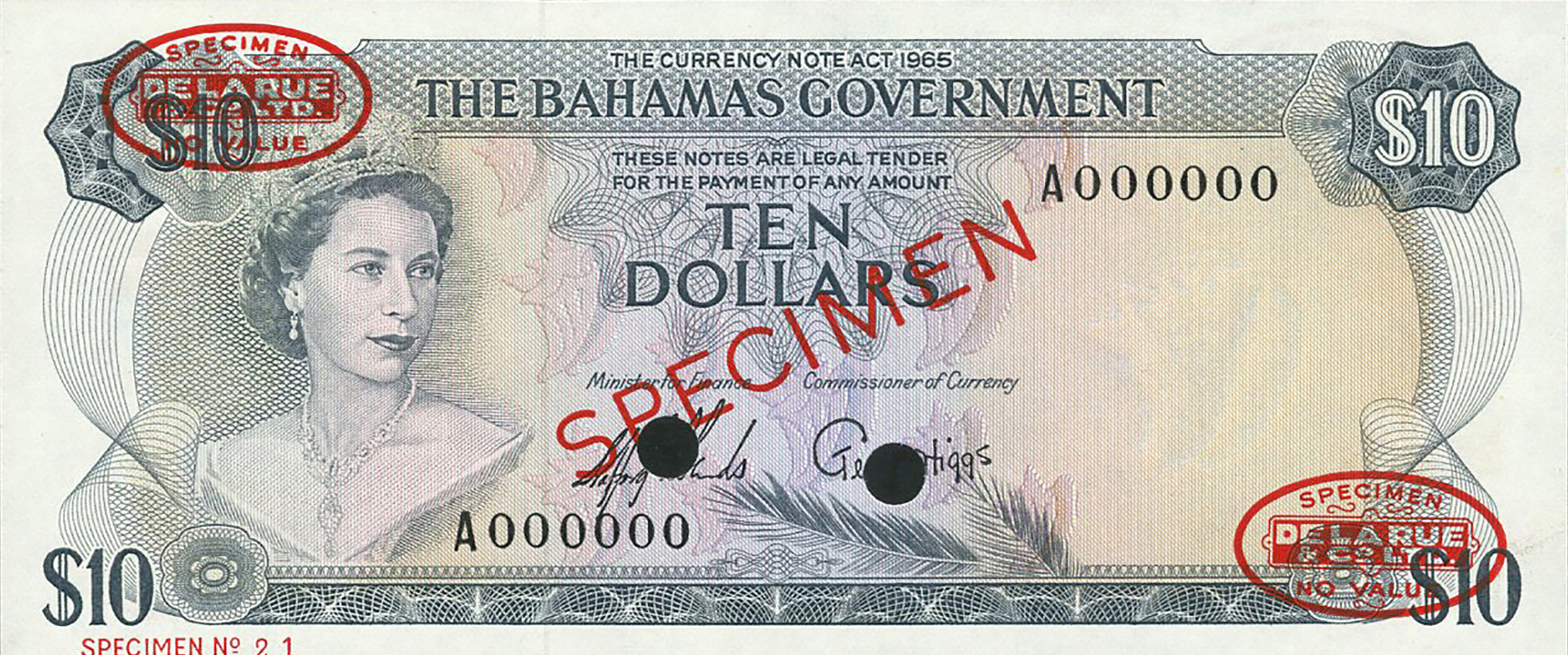  Diagonal red SPECIMEN and DLR oval ovpts front/back; horizontal red SPECIMEN NO # ovpt lower left front; all-zero s/n 