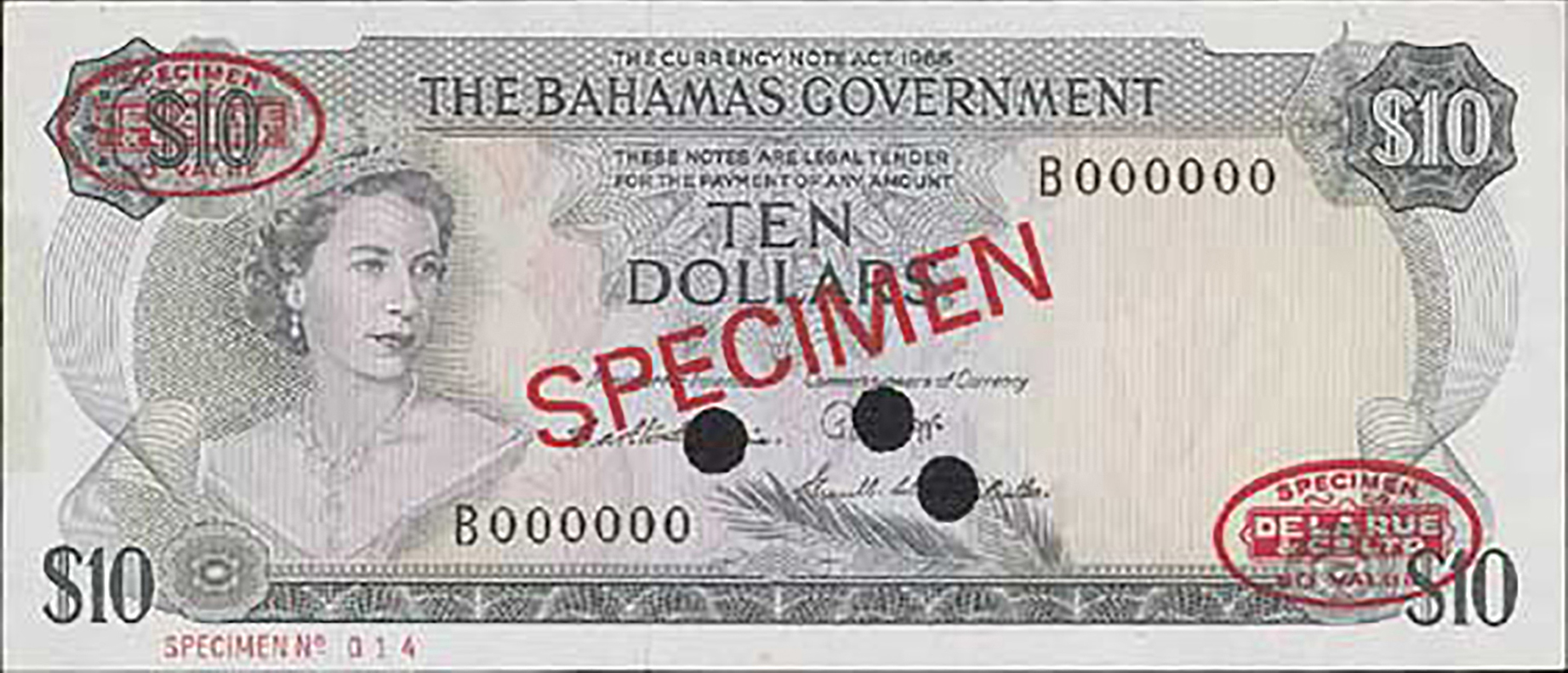  Diagonal red SPECIMEN and DLR oval ovpts front/back; horizontal red SPECIMEN NO # ovpt lower left front; all-zero s/n 