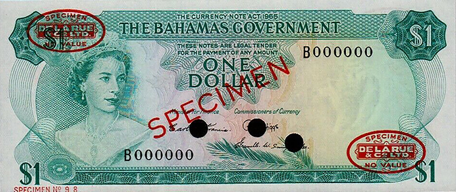  Diagonal red SPECIMEN and DLR oval ovpts front/back; horizontal red SPECIMEN NO # ovpt lower left front; all-zero s/n 