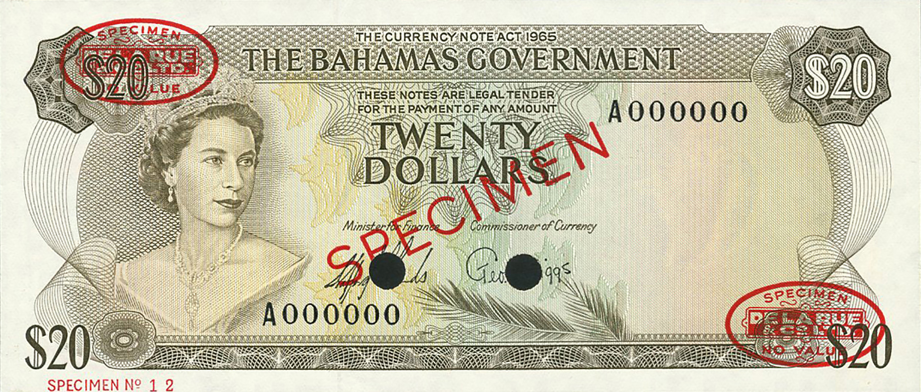  Diagonal red SPECIMEN and DLR oval ovpts front/back; horizontal red SPECIMEN NO # ovpt lower left front; all-zero s/n 