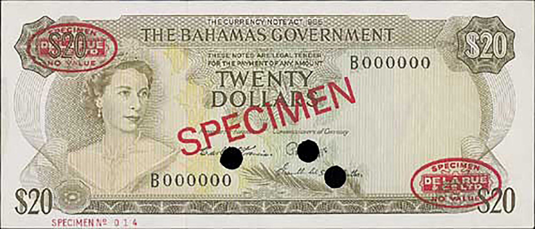  Diagonal red SPECIMEN and DLR oval ovpts front/back; horizontal red SPECIMEN NO # ovpt lower left front; all-zero s/n 