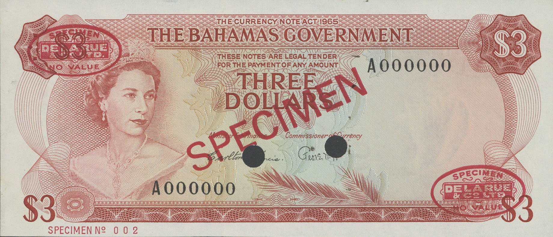  Diagonal red SPECIMEN and DLR oval ovpts front/back; horizontal red SPECIMEN NO # ovpt lower left front; all-zero s/n 