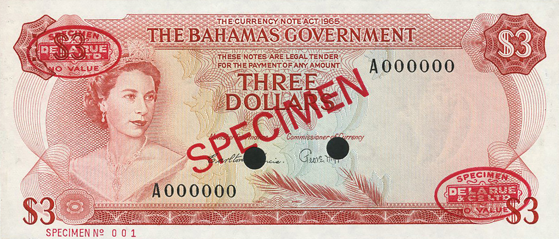  Diagonal red SPECIMEN and DLR oval ovpts front/back; horizontal red SPECIMEN NO # ovpt lower left front; all-zero s/n 