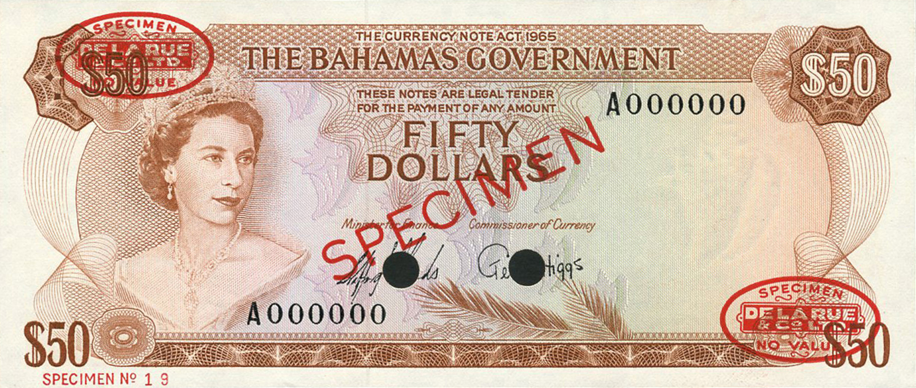  Diagonal red SPECIMEN and DLR oval ovpts front/back; horizontal red SPECIMEN NO # ovpt lower left front; all-zero s/n 