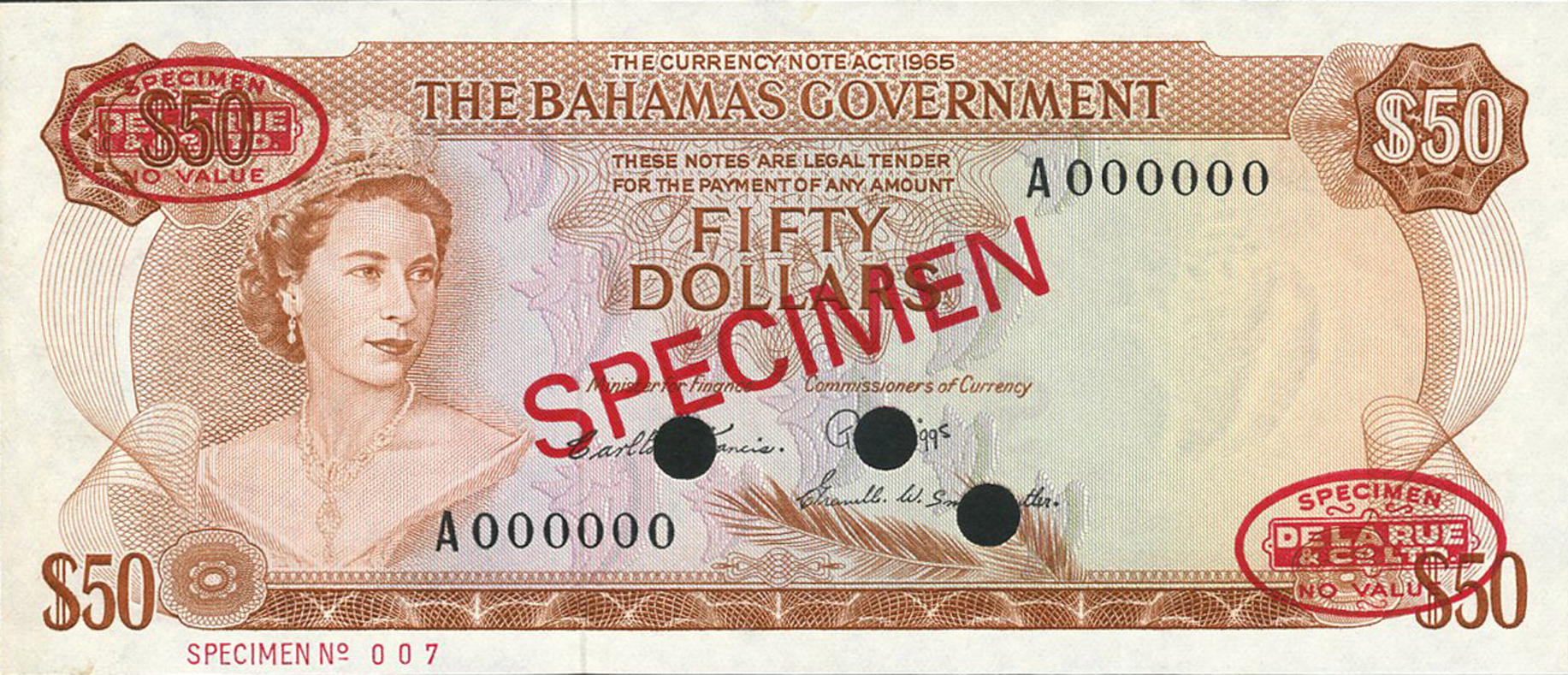  Diagonal red SPECIMEN and DLR oval ovpts front/back; horizontal red SPECIMEN NO # ovpt lower left front; all-zero s/n 