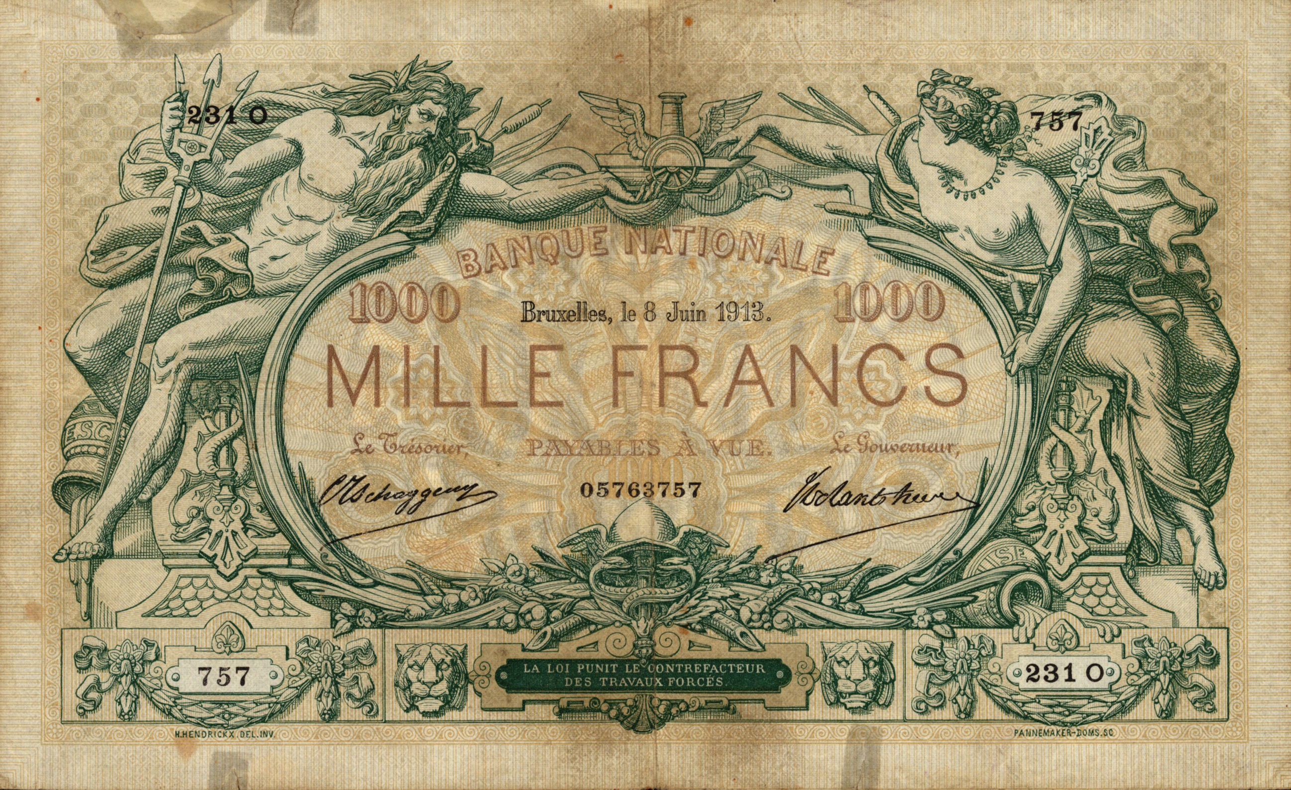  03 07 1909 - 08 06 1913 Sig Tschaggeny/De Lantsheere With embossed lines in margins 8-digit s/n in 2 5-mm tall font Series 214 - 231 2,138,000 notes (a-c) 