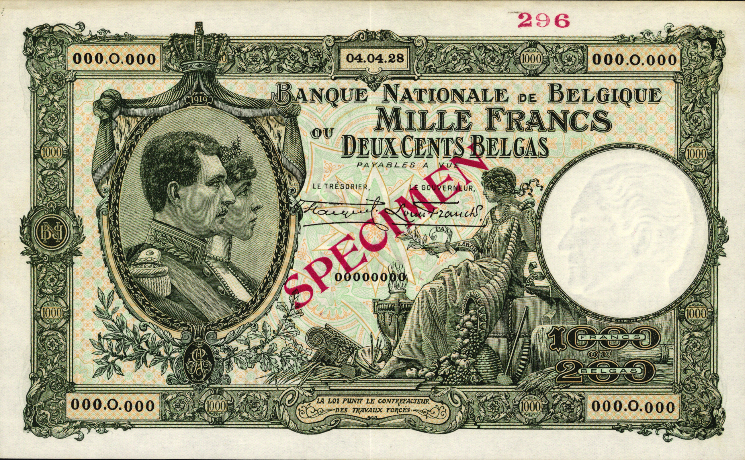  Diagonal red SPECIMEN ovpt front/back; horizontal red # ovpt upper right front; 04 04 28; all-zero s/n 