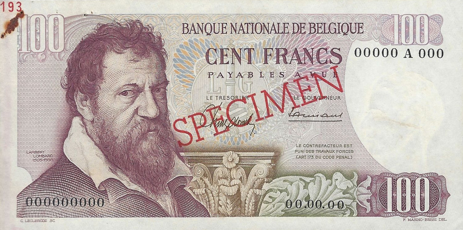  Diagonal red SPECIMEN ovpt front/back; horizontal red # ovpt upper left front; all-zero s/n 