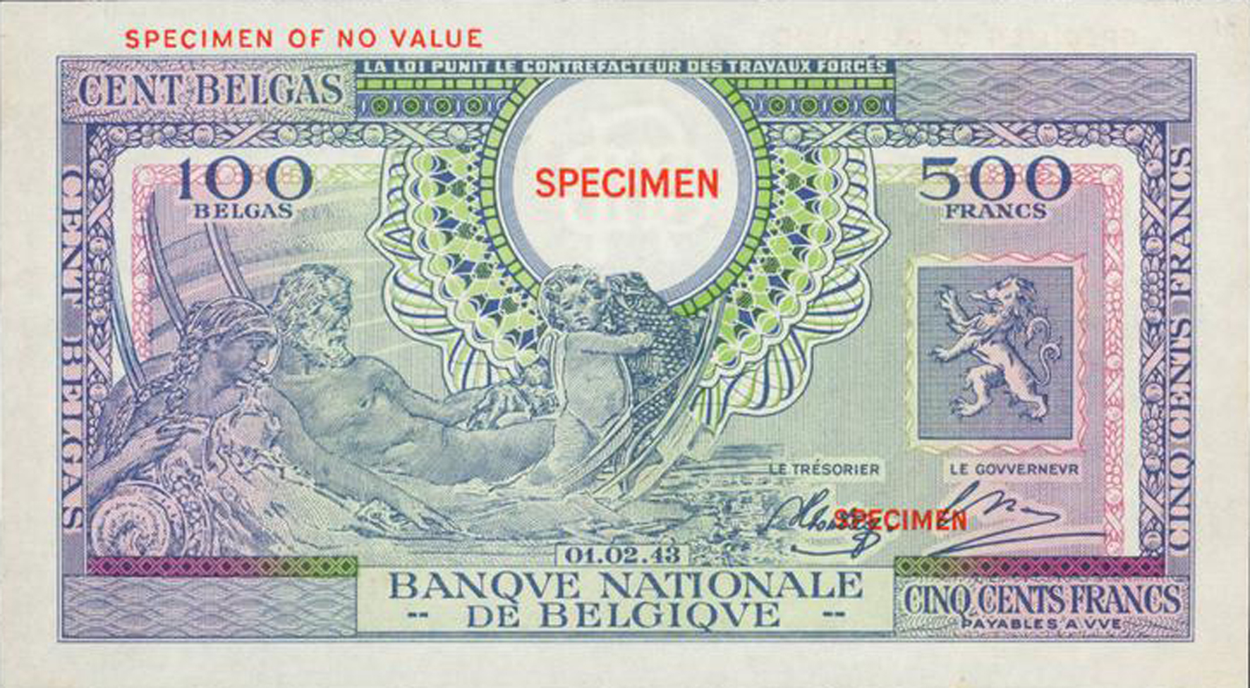  Two horizontal SPECIMEN ovpts front/back; horizontal SPECIMEN OF NO VALUE ovpt upper left front/back; no s/n 