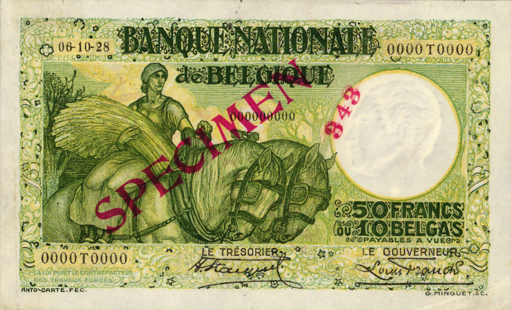  Diagonal red SPECIMEN ovpt front/back; diagonal red # ovpt front; dated 06-10-28; all-zero s/n 