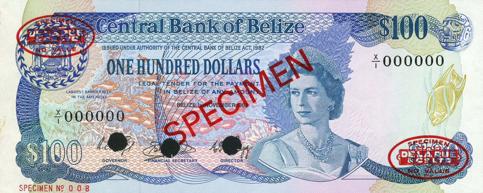  Diagonal red SPECIMEN and DLR ovals ovpts front/back; horizontal red SPECIMEN NO # ovpt lower left; all-zero s/n 