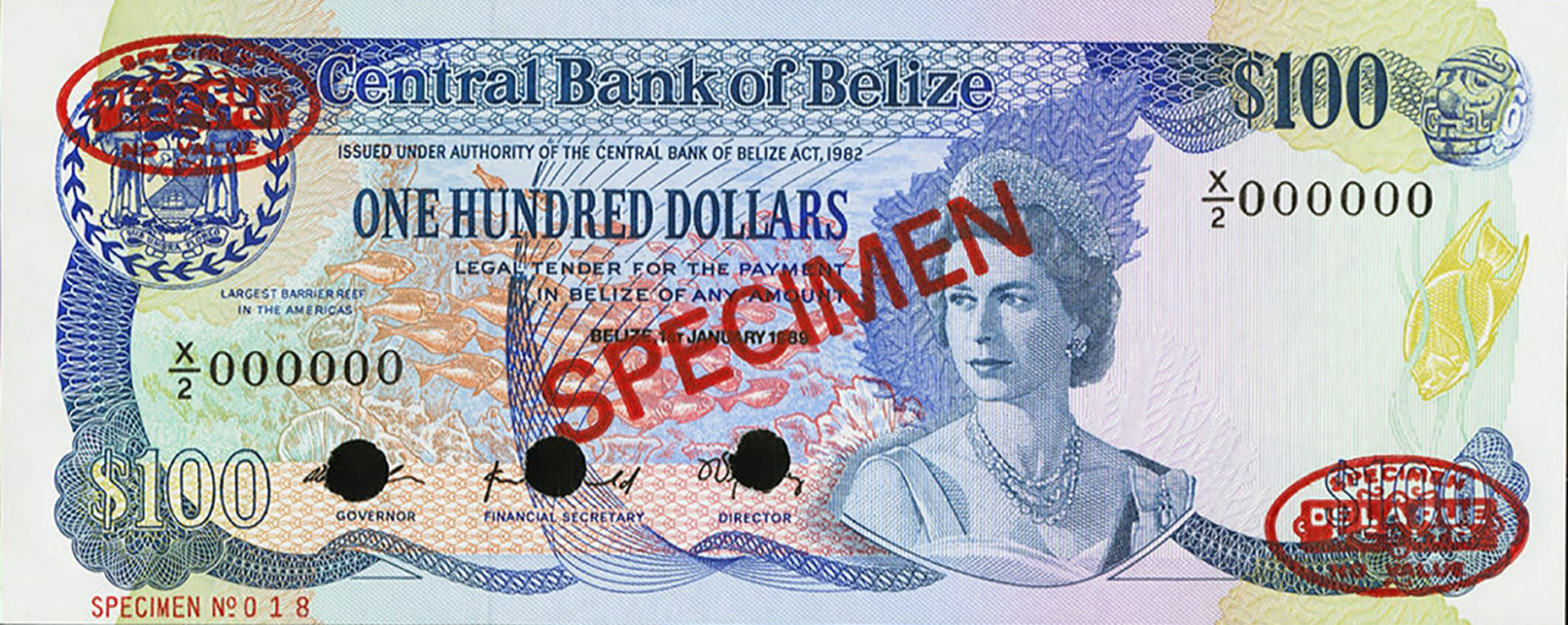  Diagonal red SPECIMEN and DLR ovals ovpts front/back; horizontal red SPECIMEN NO # ovpt lower left; all-zero s/n 