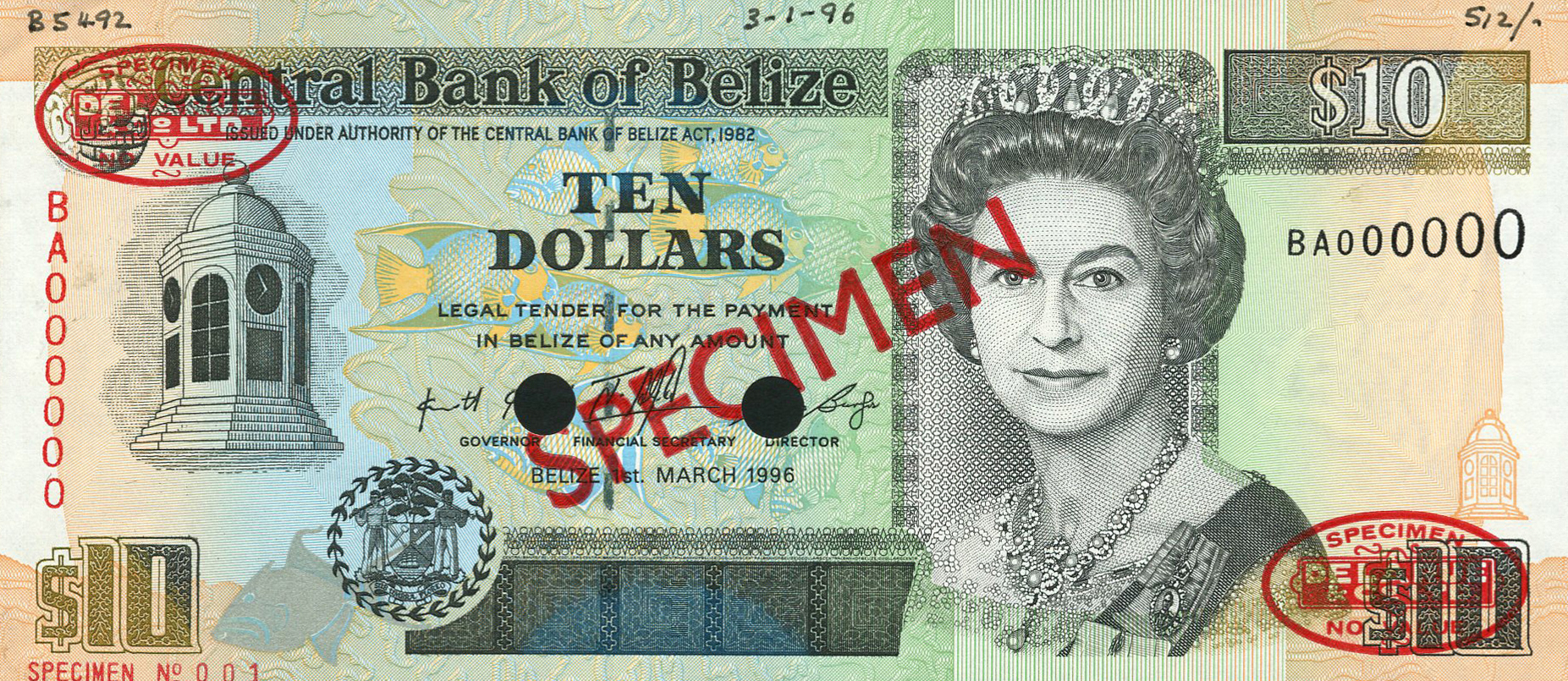  Diagonal red SPECIMEN and DLR ovals ovpts front/back; horizontal red SPECIMEN NO # ovpt lower left; all-zero s/n 