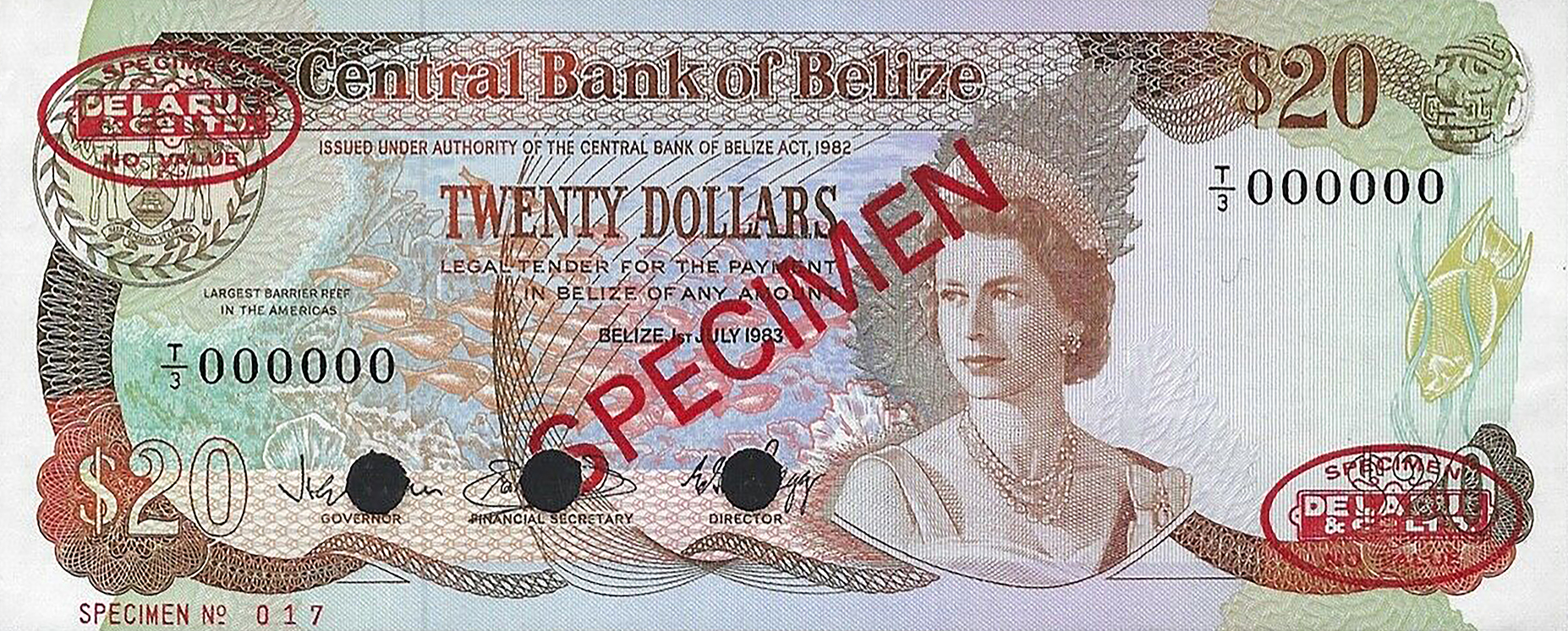  Diagonal red SPECIMEN and DLR ovals ovpts front/back; horizontal red SPECIMEN NO # ovpt lower left front; all-zero s/n 